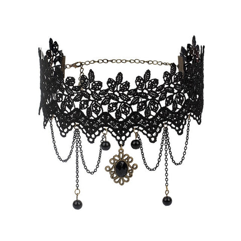 Gothic Chokers Black Beaded Flowers Lace